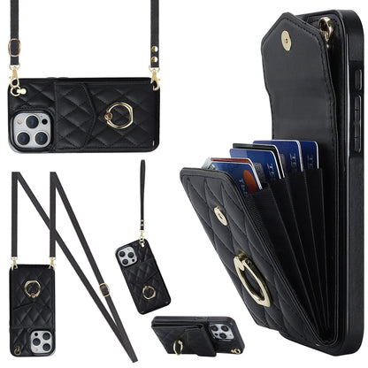 ELECTROPRIME For iPhone 15 Plus Rhombic Texture Card Bag Phone Case with Long Lanyard(Black)