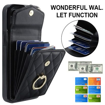 ELECTROPRIME For iPhone 15 Plus Rhombic Texture Card Bag Phone Case with Long Lanyard(Black)