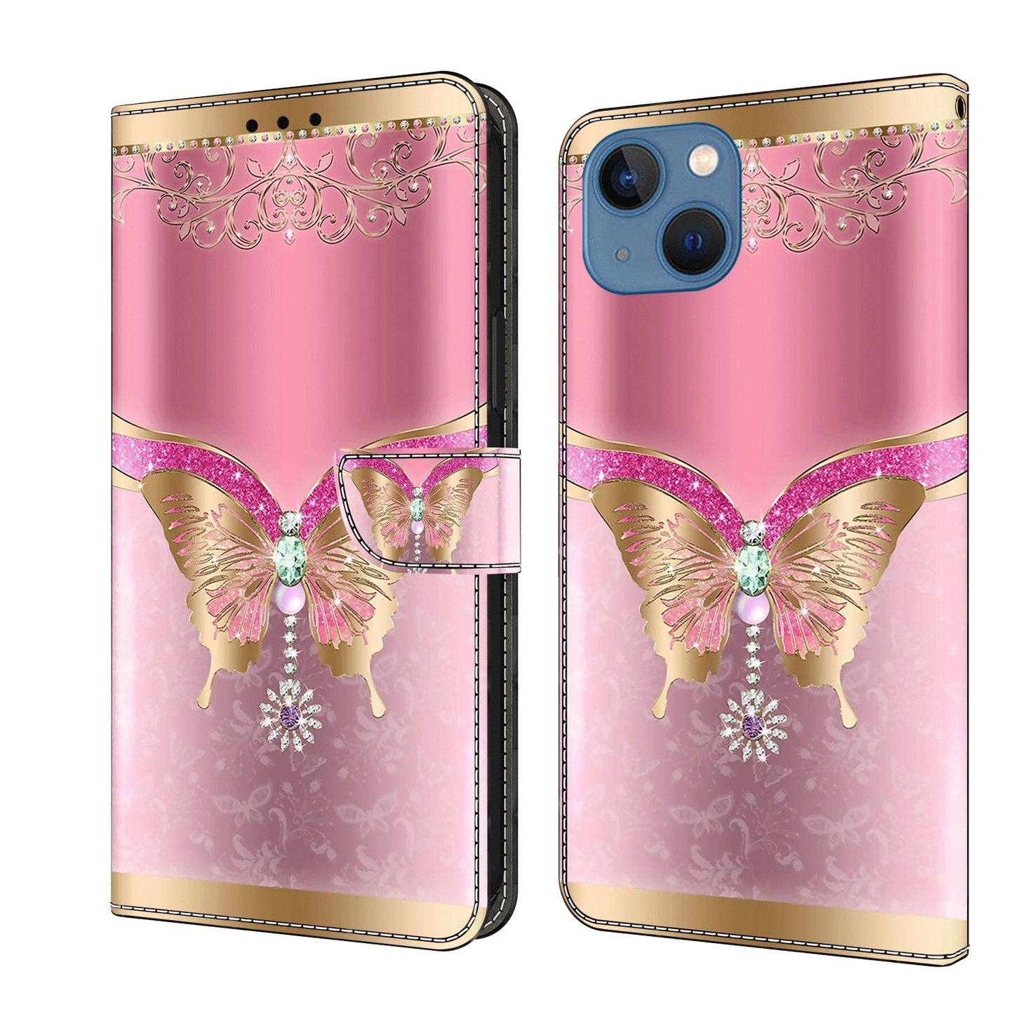 ELECTROPRIME For iPhone 15 Crystal 3D Shockproof Protective Leather Phone Case(Pink Bottom Butterfly)