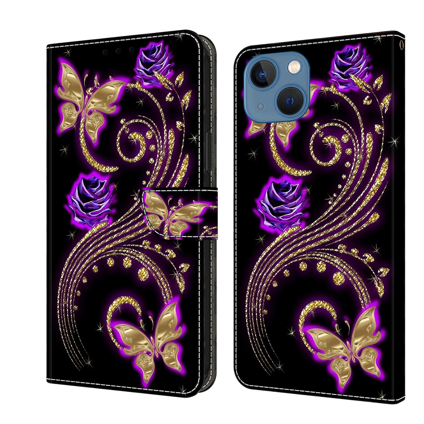 ELECTROPRIME For iPhone 15 Crystal 3D Shockproof Protective Leather Phone Case(Purple Flower Butterfly)