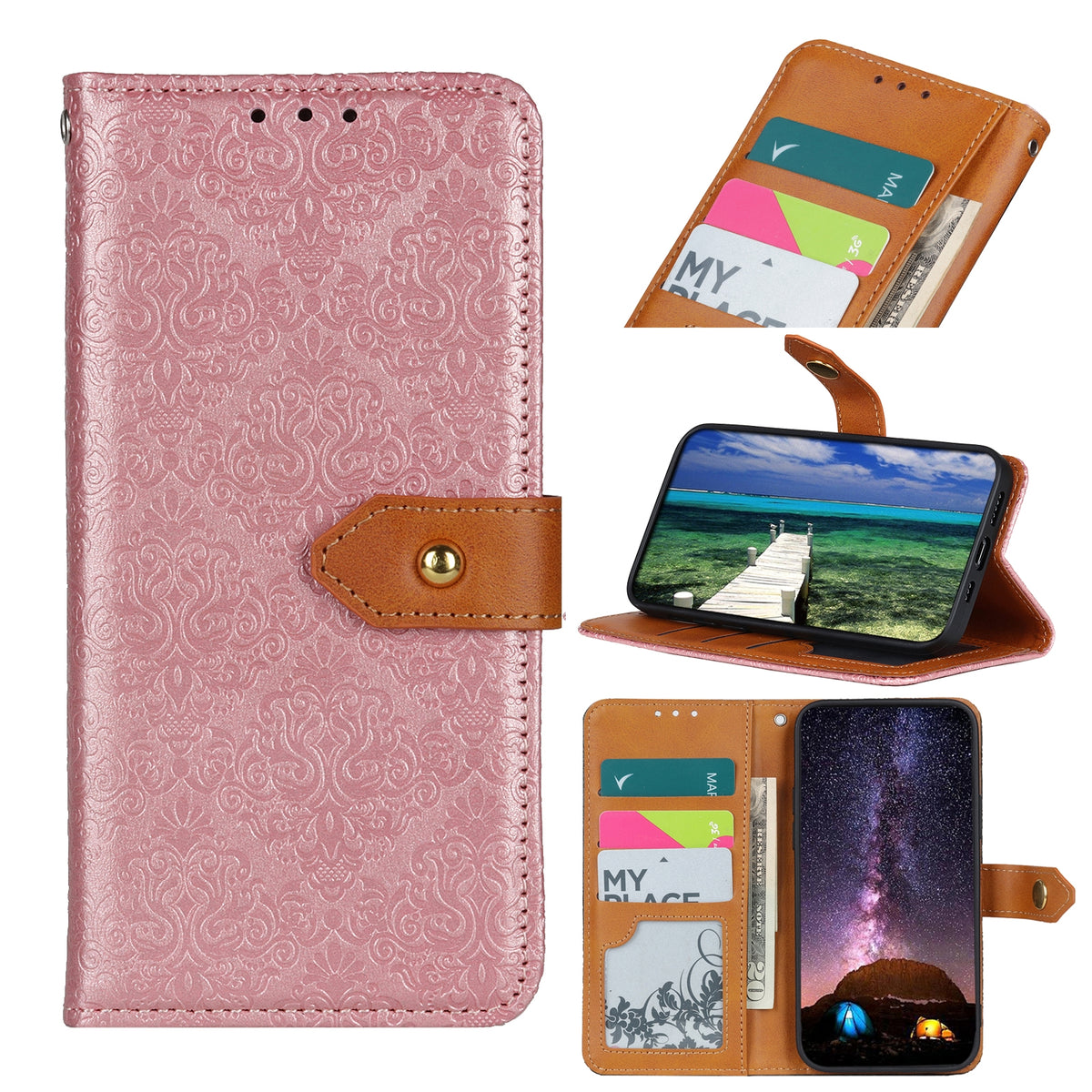 ELECTROPRIME For iPhone 15 European Floral Embossed Leather Phone Case(Pink)