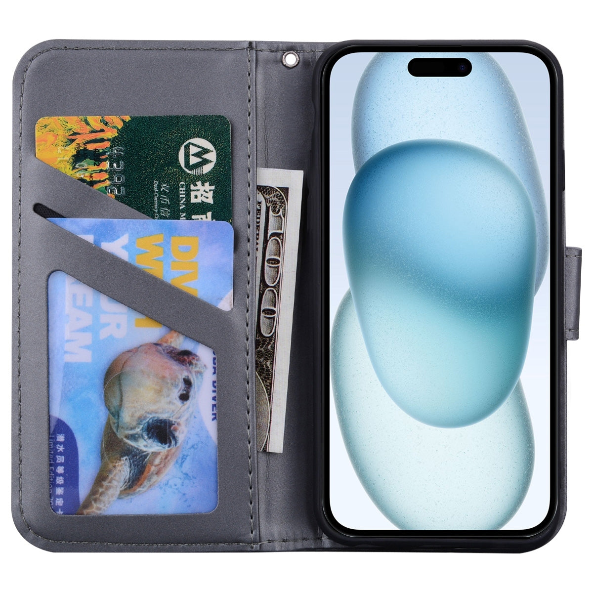 ELECTROPRIME For iPhone 15 Cartoon Buckle Horizontal Flip Leather Phone Case(Grey)