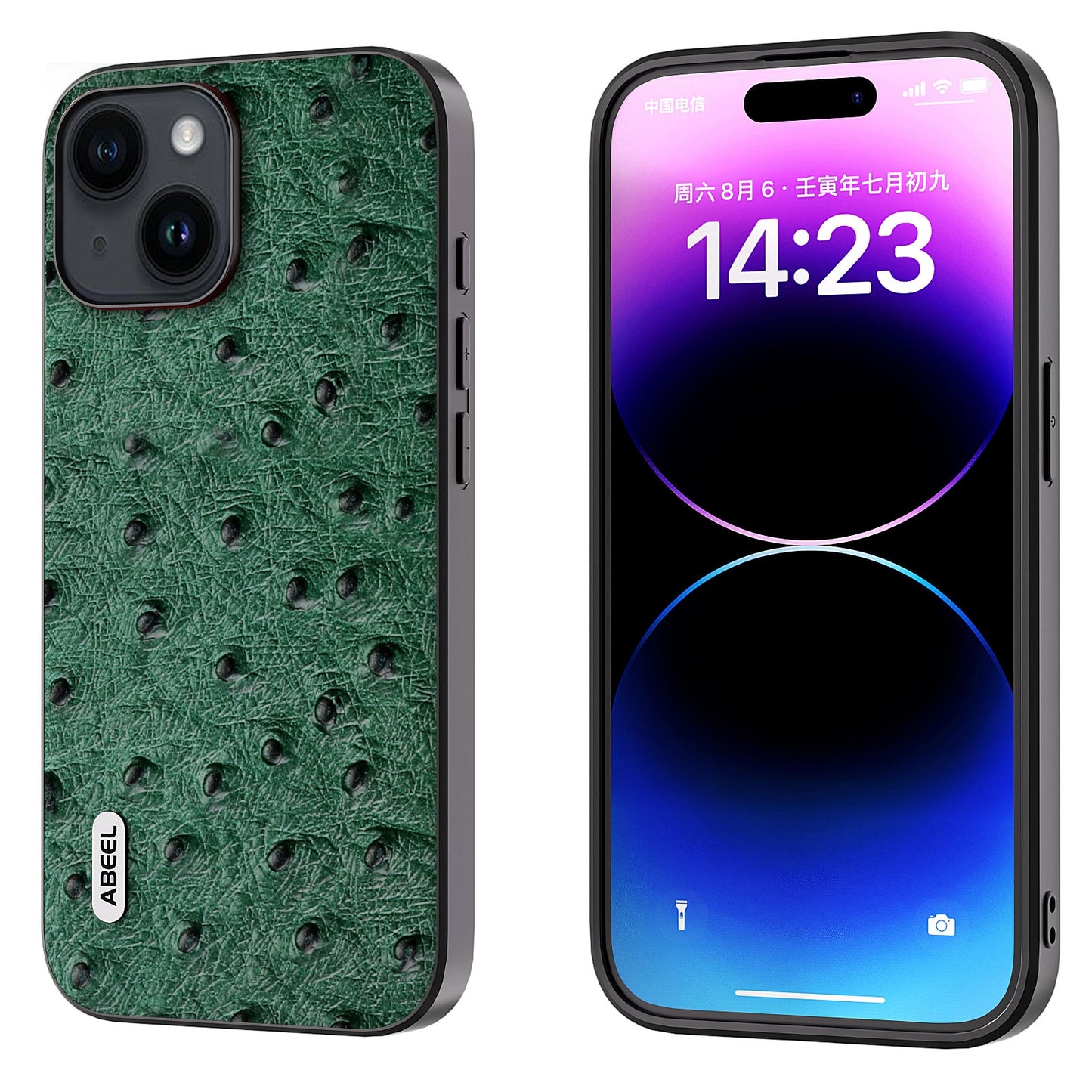 ELECTROPRIME For iPhone 15 ABEEL Genuine Leather Ostrich Texture Phone Case(Green)