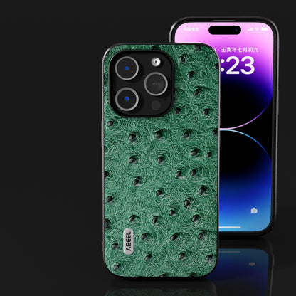 ELECTROPRIME For iPhone 15 ABEEL Genuine Leather Ostrich Texture Phone Case(Green)