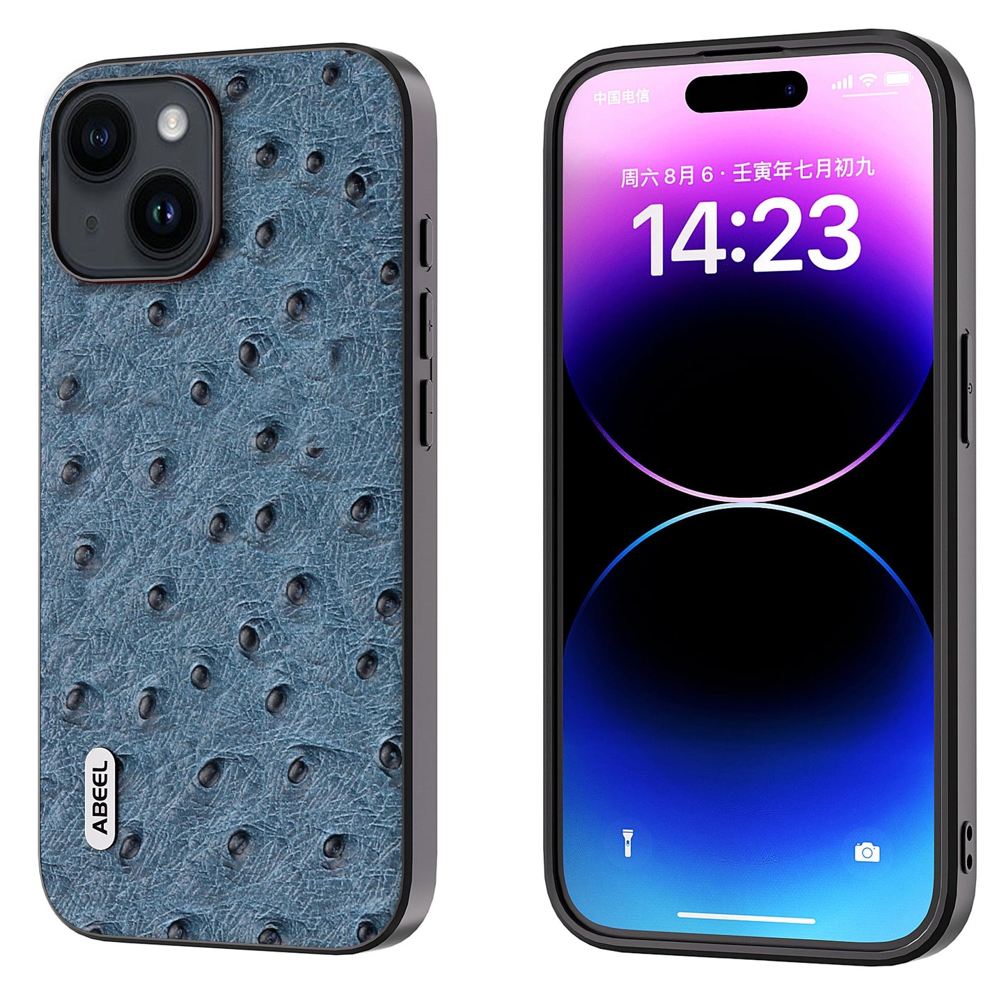 ELECTROPRIME For iPhone 15 ABEEL Genuine Leather Ostrich Texture Phone Case(Blue)