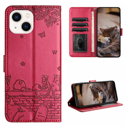 ELECTROPRIME For iPhone 15 Plus Cat Embossing Pattern Leather Phone Case with Lanyard(Red)