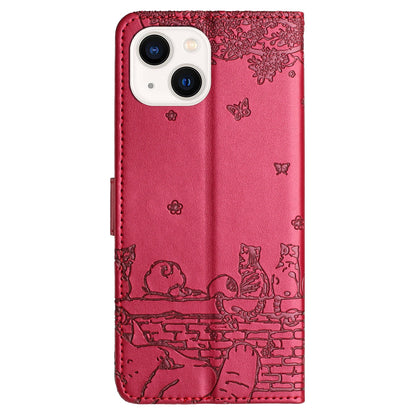 ELECTROPRIME For iPhone 15 Plus Cat Embossing Pattern Leather Phone Case with Lanyard(Red)