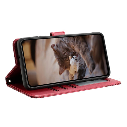 ELECTROPRIME For iPhone 15 Plus Cat Embossing Pattern Leather Phone Case with Lanyard(Red)