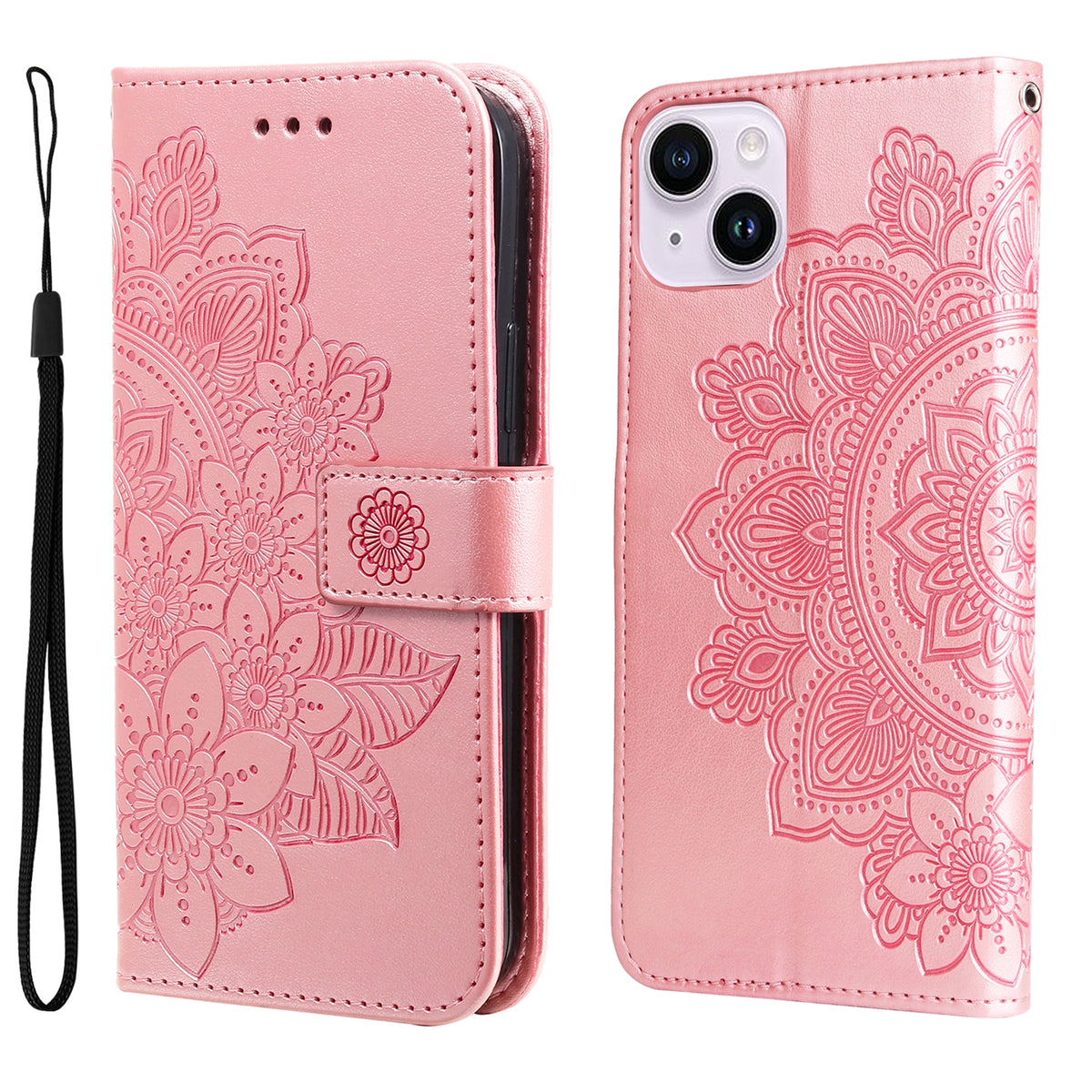 ELECTROPRIME For iPhone 15 Plus Seven-petal Flowers Embossing Leather Phone Case(Rose Gold)