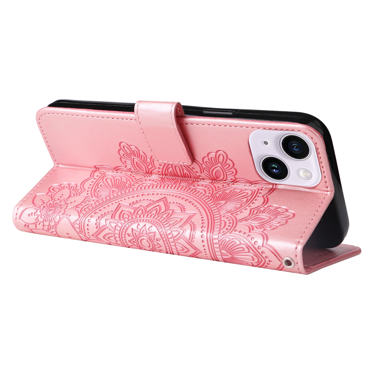 ELECTROPRIME For iPhone 15 Plus Seven-petal Flowers Embossing Leather Phone Case(Rose Gold)
