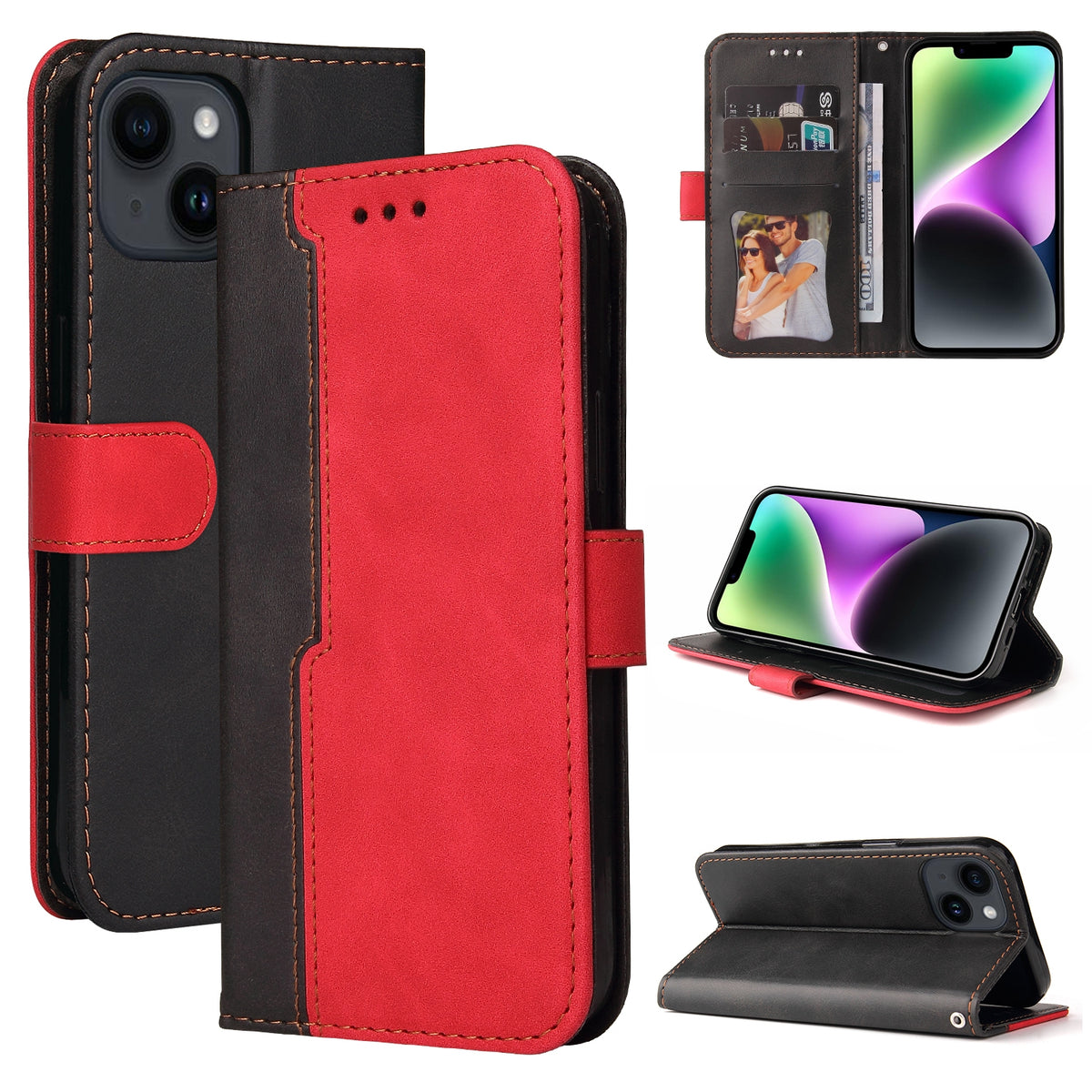 ELECTROPRIME For iPhone 15 Stitching-color Leather Phone Case(Red)