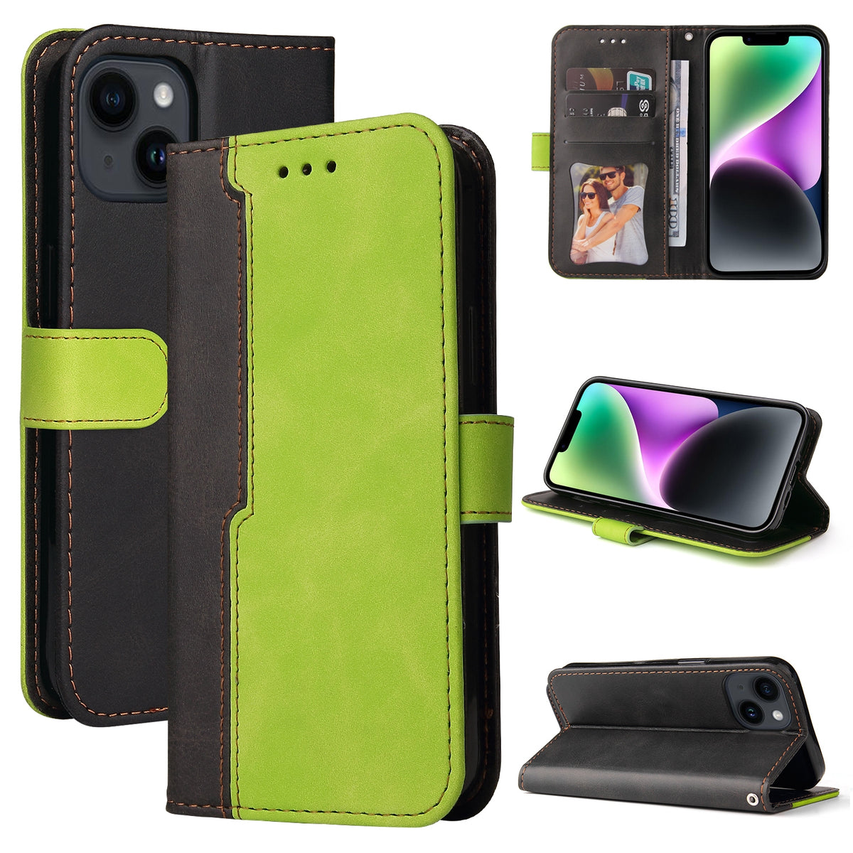 ELECTROPRIME For iPhone 15 Stitching-color Leather Phone Case(Green)