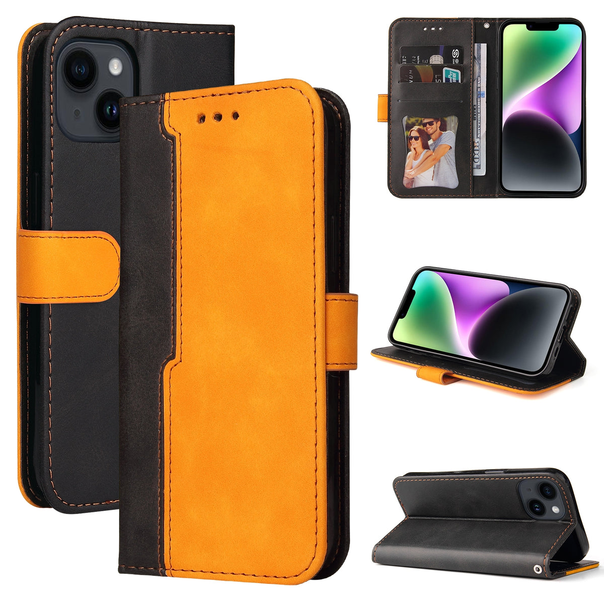 ELECTROPRIME For iPhone 15 Stitching-color Leather Phone Case(Orange)