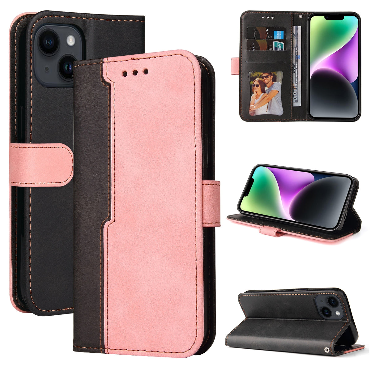 ELECTROPRIME For iPhone 15 Stitching-color Leather Phone Case(Pink)
