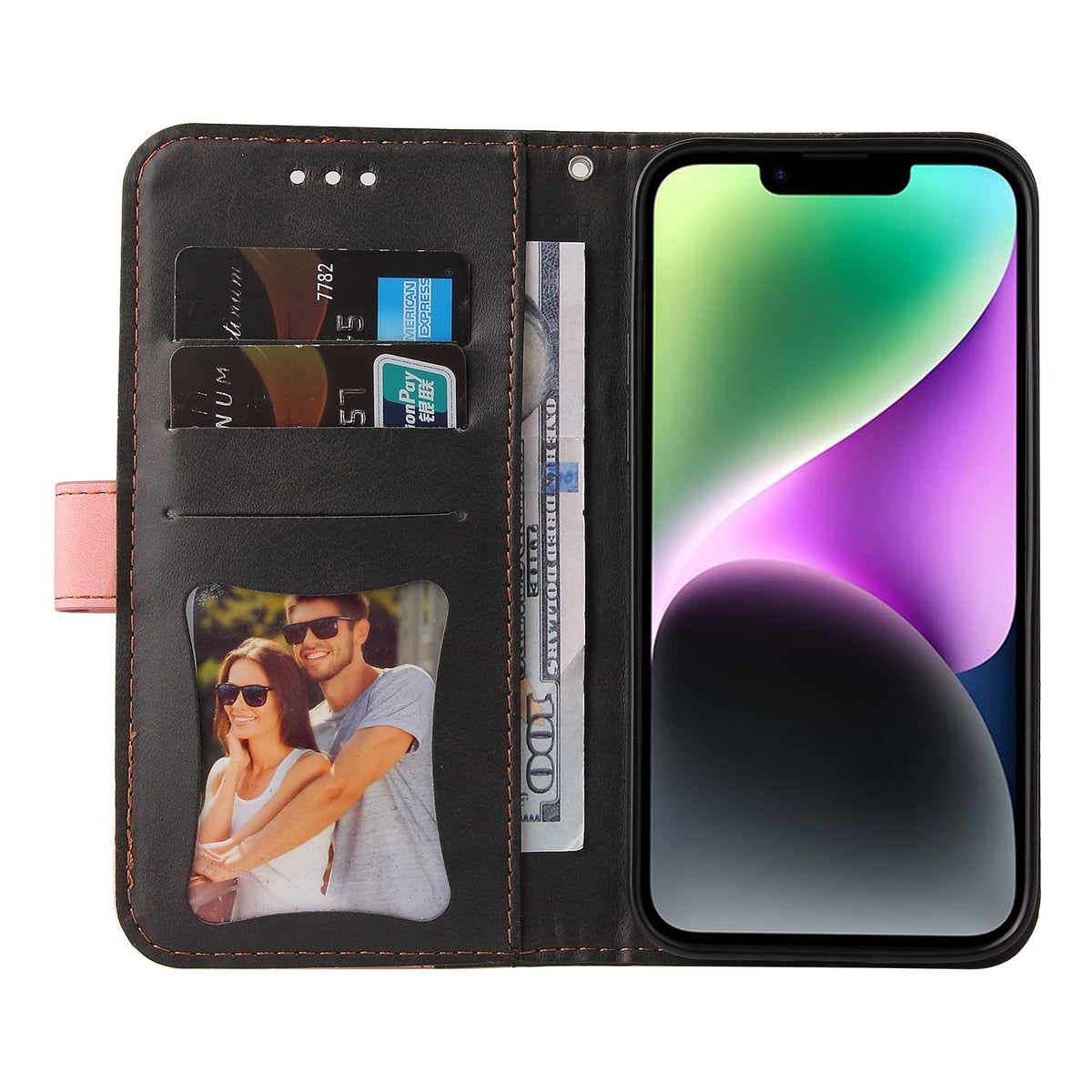 ELECTROPRIME For iPhone 15 Stitching-color Leather Phone Case(Pink)