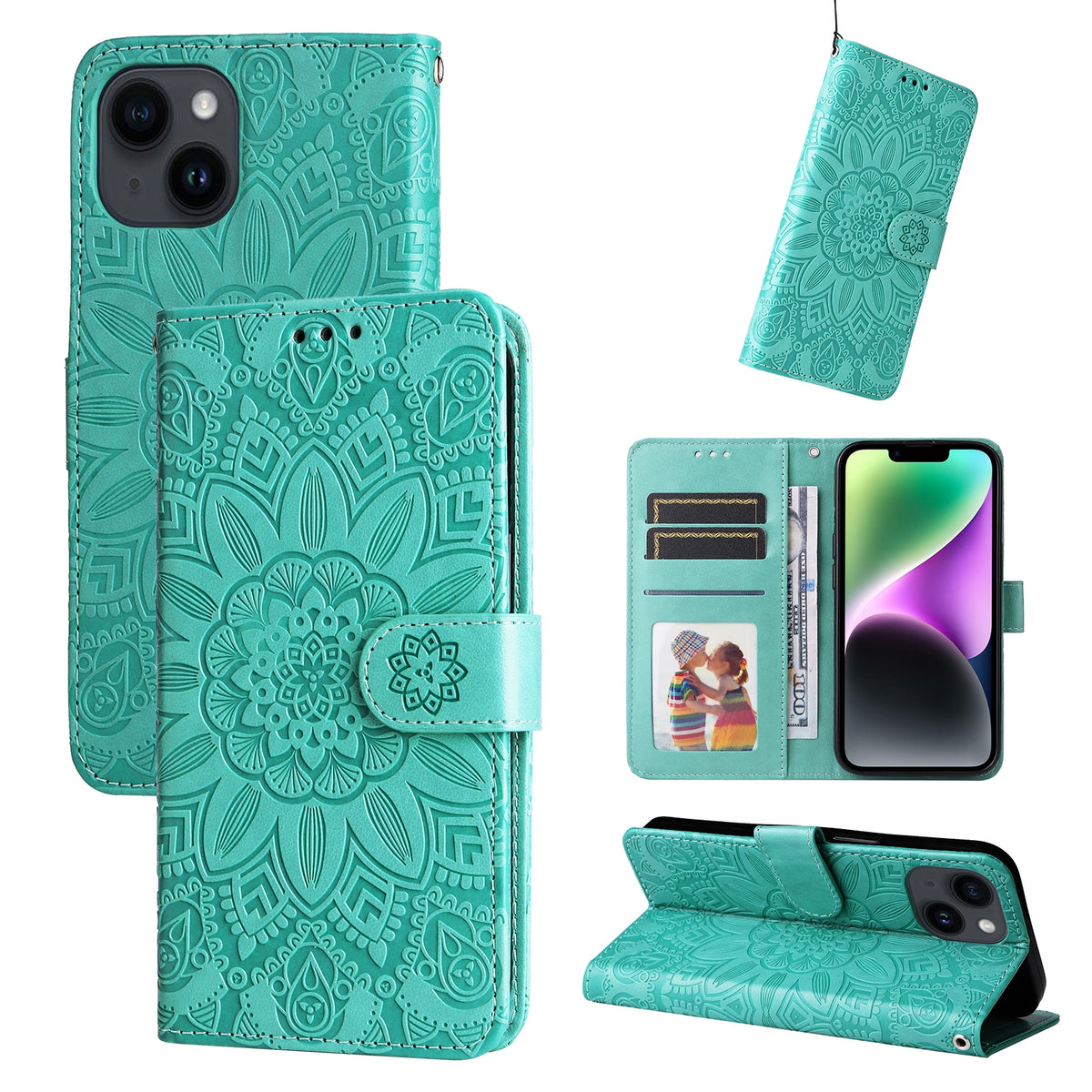 ELECTROPRIME For iPhone 15 Plus Embossed Sunflower Leather Phone Case(Green)