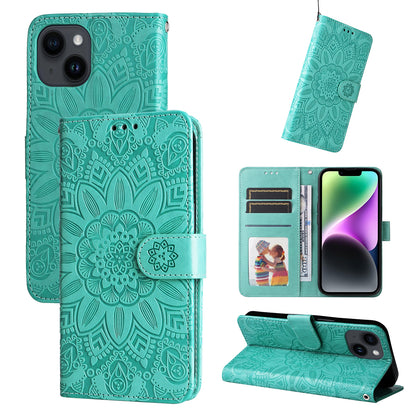 ELECTROPRIME For iPhone 15 Plus Embossed Sunflower Leather Phone Case(Green)