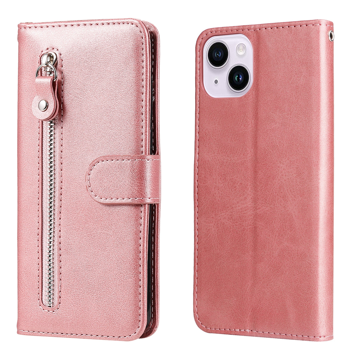 ELECTROPRIME For iPhone 15 Plus Fashion Calf Texture Zipper Leather Phone Case(Rose Gold)