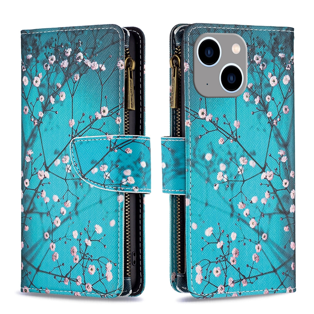 ELECTROPRIME For iPhone 15 Plus Colored Drawing Pattern Zipper Phone Leather Case(Plum Blossom)