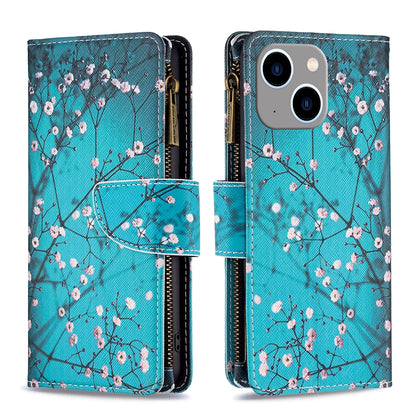 ELECTROPRIME For iPhone 15 Plus Colored Drawing Pattern Zipper Phone Leather Case(Plum Blossom)