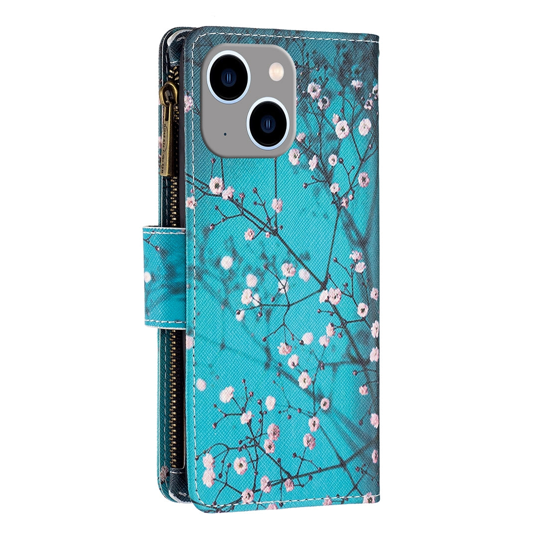 ELECTROPRIME For iPhone 15 Plus Colored Drawing Pattern Zipper Phone Leather Case(Plum Blossom)