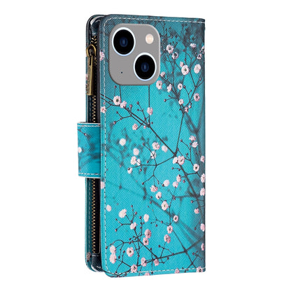 ELECTROPRIME For iPhone 15 Plus Colored Drawing Pattern Zipper Phone Leather Case(Plum Blossom)