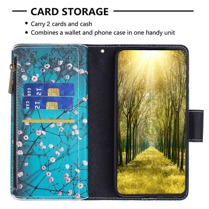 ELECTROPRIME For iPhone 15 Plus Colored Drawing Pattern Zipper Phone Leather Case(Plum Blossom)