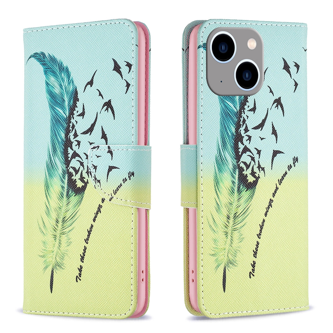 ELECTROPRIME For iPhone 15 Plus Colored Drawing Pattern Leather Phone Case(Feather)