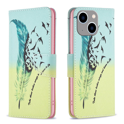 ELECTROPRIME For iPhone 15 Plus Colored Drawing Pattern Leather Phone Case(Feather)