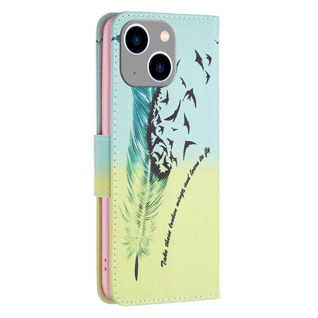 ELECTROPRIME For iPhone 15 Plus Colored Drawing Pattern Leather Phone Case(Feather)