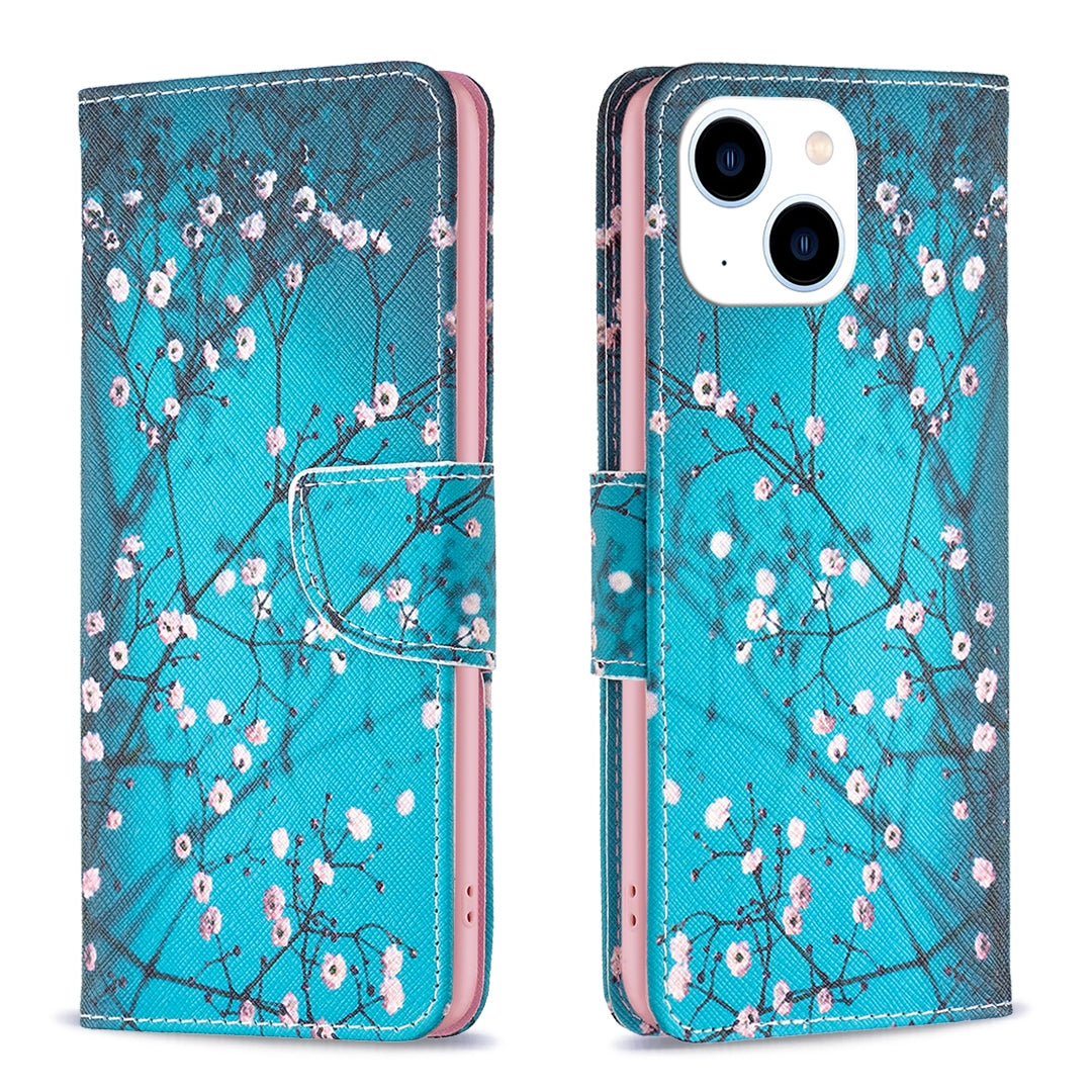 ELECTROPRIME For iPhone 15 Colored Drawing Pattern Leather Phone Case(Plum Blossom)