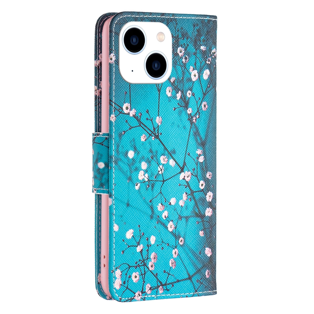 ELECTROPRIME For iPhone 15 Colored Drawing Pattern Leather Phone Case(Plum Blossom)