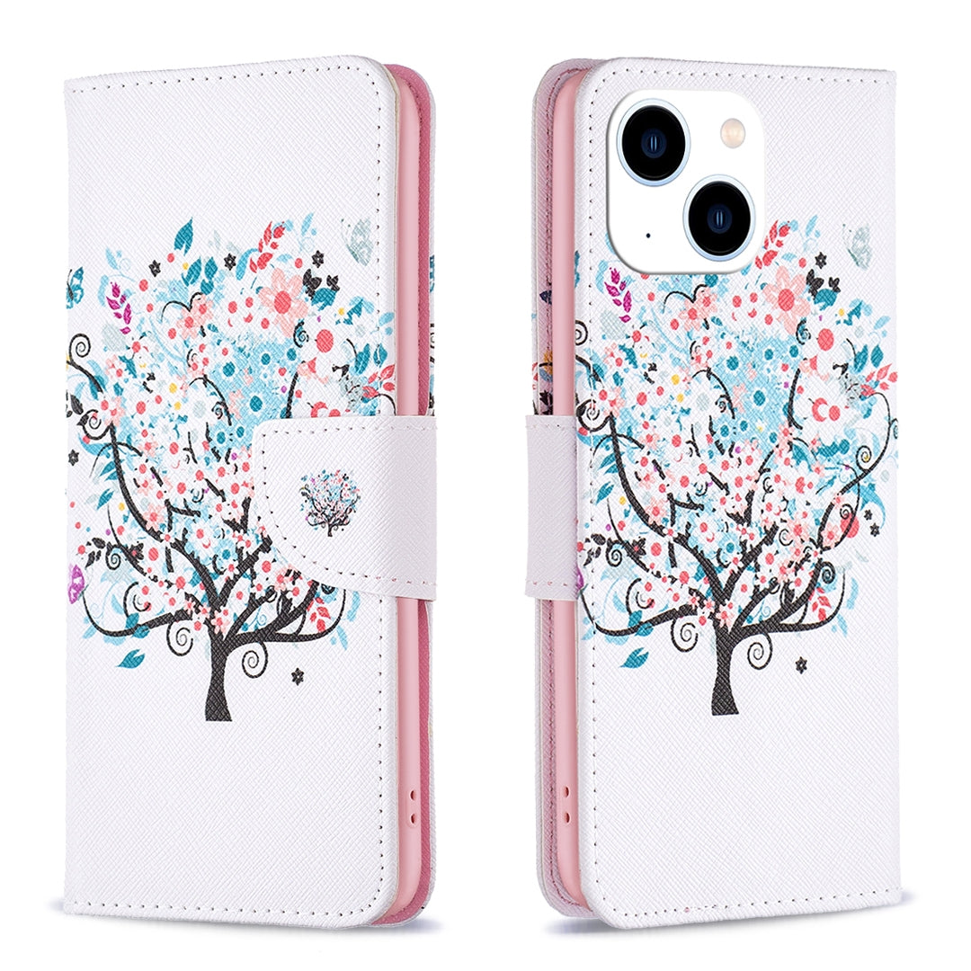 ELECTROPRIME For iPhone 15 Colored Drawing Pattern Leather Phone Case(Tree)