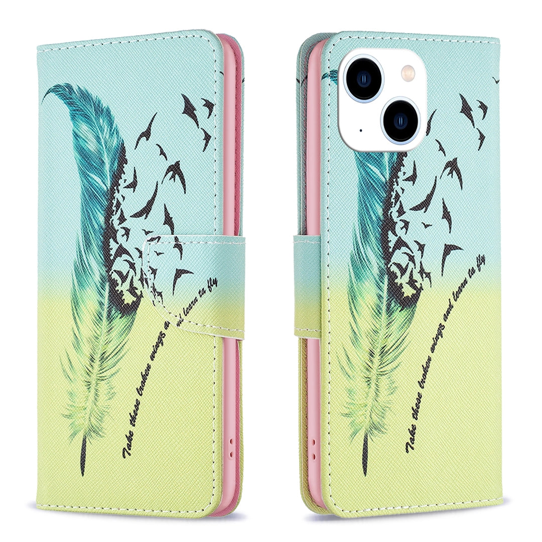 ELECTROPRIME For iPhone 15 Colored Drawing Pattern Leather Phone Case(Feather)