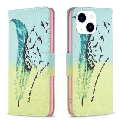 ELECTROPRIME For iPhone 15 Colored Drawing Pattern Leather Phone Case(Feather)