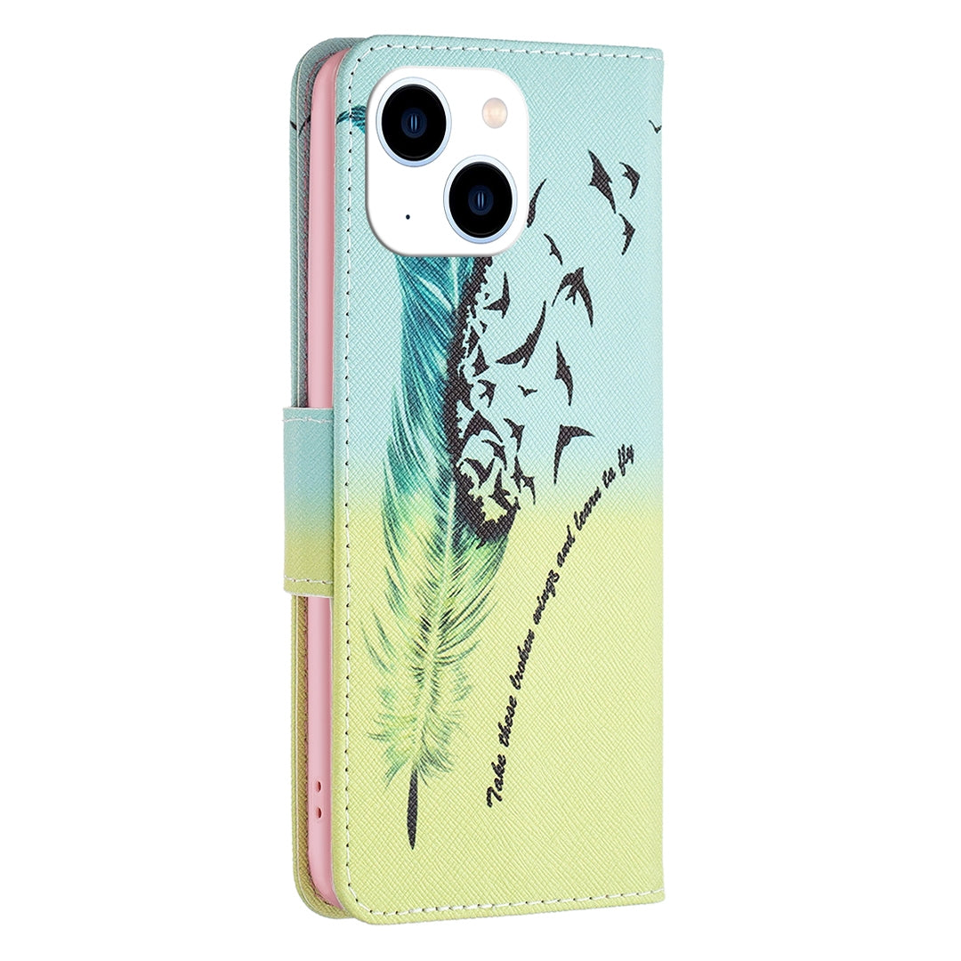 ELECTROPRIME For iPhone 15 Colored Drawing Pattern Leather Phone Case(Feather)