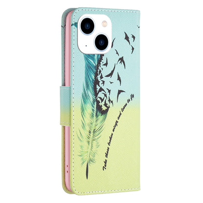 ELECTROPRIME For iPhone 15 Colored Drawing Pattern Leather Phone Case(Feather)