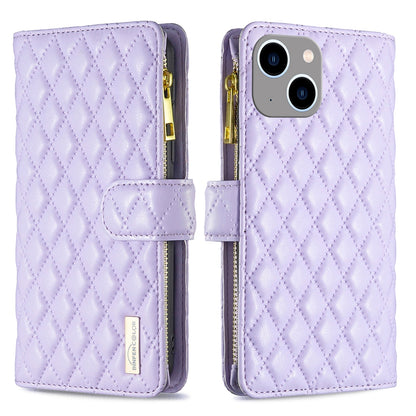 ELECTROPRIME For iPhone 15 Plus Diamond Lattice Zipper Wallet Leather Flip Phone Case(Purple)