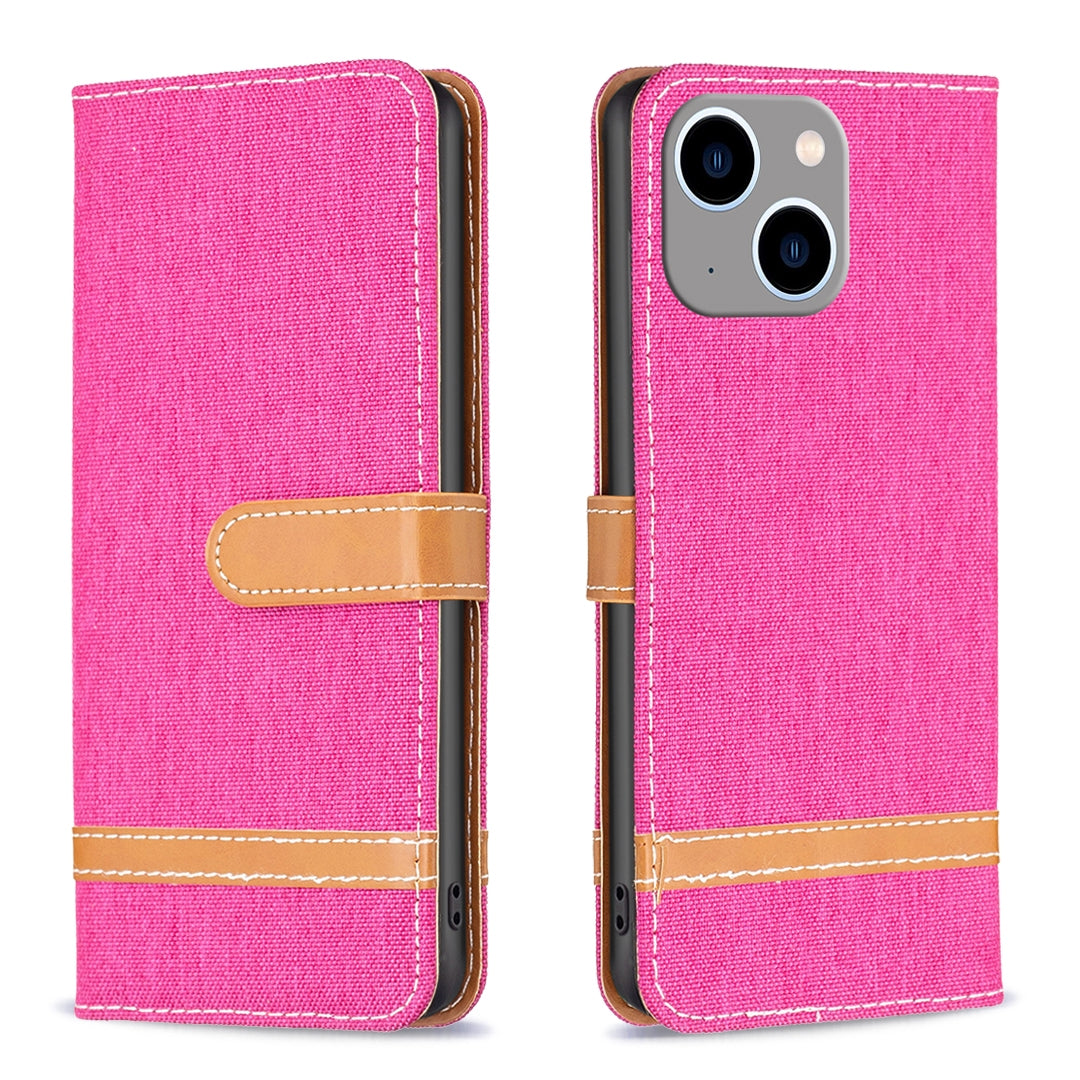 ELECTROPRIME For iPhone 15 Plus Color Block Denim Texture Leather Phone Case(Rose Red)