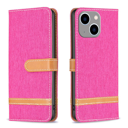 ELECTROPRIME For iPhone 15 Plus Color Block Denim Texture Leather Phone Case(Rose Red)