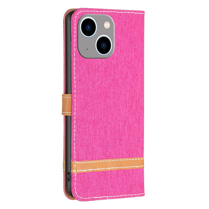 ELECTROPRIME For iPhone 15 Plus Color Block Denim Texture Leather Phone Case(Rose Red)