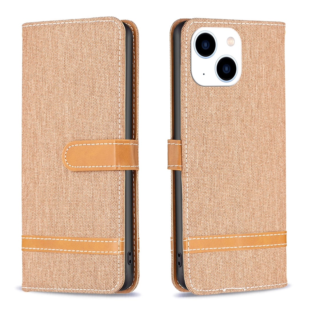 ELECTROPRIME For iPhone 15 Color Block Denim Texture Leather Phone Case(Brown)