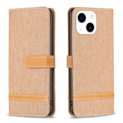 ELECTROPRIME For iPhone 15 Color Block Denim Texture Leather Phone Case(Brown)