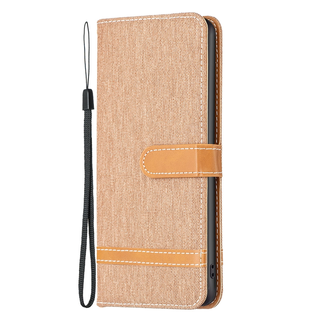 ELECTROPRIME For iPhone 15 Color Block Denim Texture Leather Phone Case(Brown)