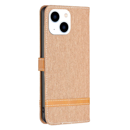ELECTROPRIME For iPhone 15 Color Block Denim Texture Leather Phone Case(Brown)