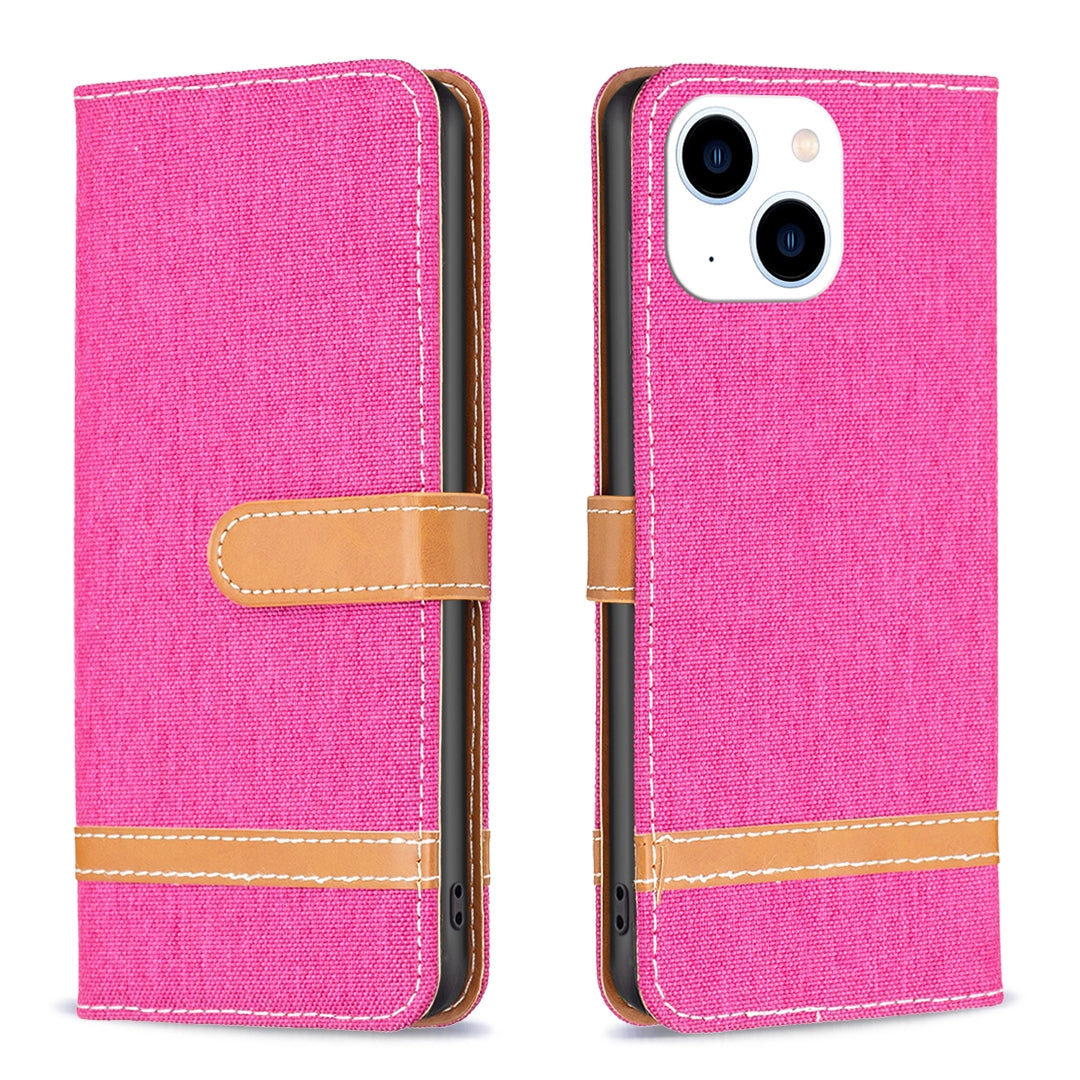 ELECTROPRIME For iPhone 15 Color Block Denim Texture Leather Phone Case(Rose Red)