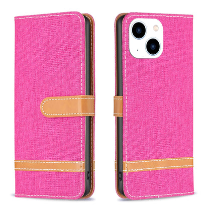 ELECTROPRIME For iPhone 15 Color Block Denim Texture Leather Phone Case(Rose Red)
