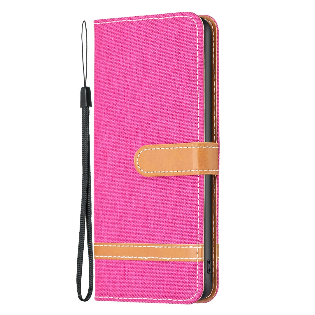 ELECTROPRIME For iPhone 15 Color Block Denim Texture Leather Phone Case(Rose Red)
