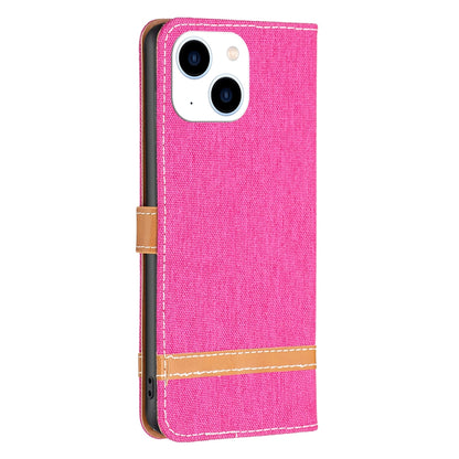 ELECTROPRIME For iPhone 15 Color Block Denim Texture Leather Phone Case(Rose Red)