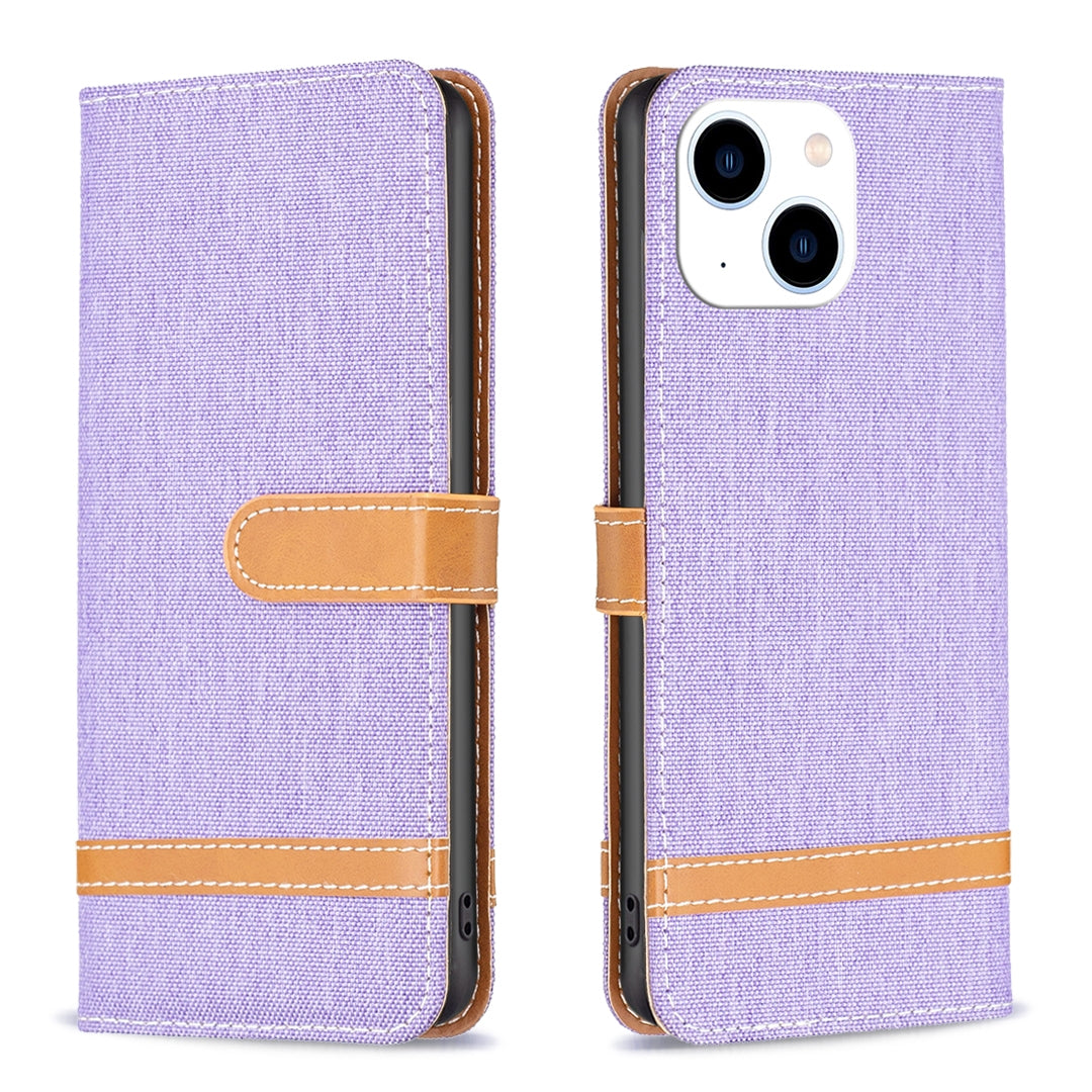 ELECTROPRIME For iPhone 15 Color Block Denim Texture Leather Phone Case(Purple)